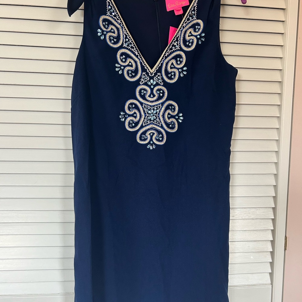 Navy Blue Lilly Pulitzer Embroidered Sleeveless Dress with gems